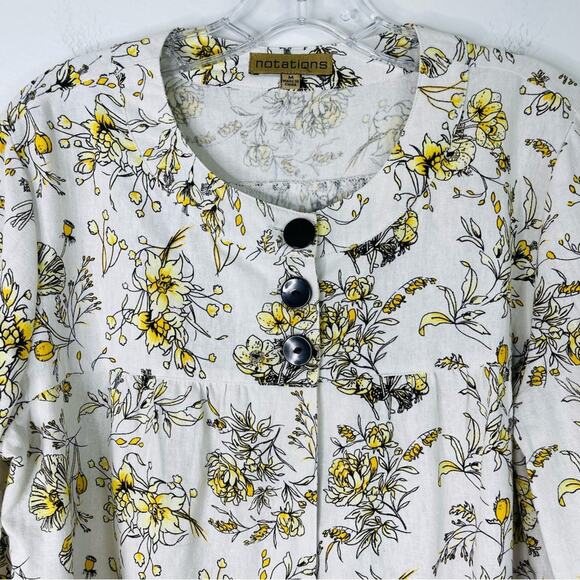 Vintage white yellow black linen floral cottagecore button top jacket medium - Picture 2 of 8